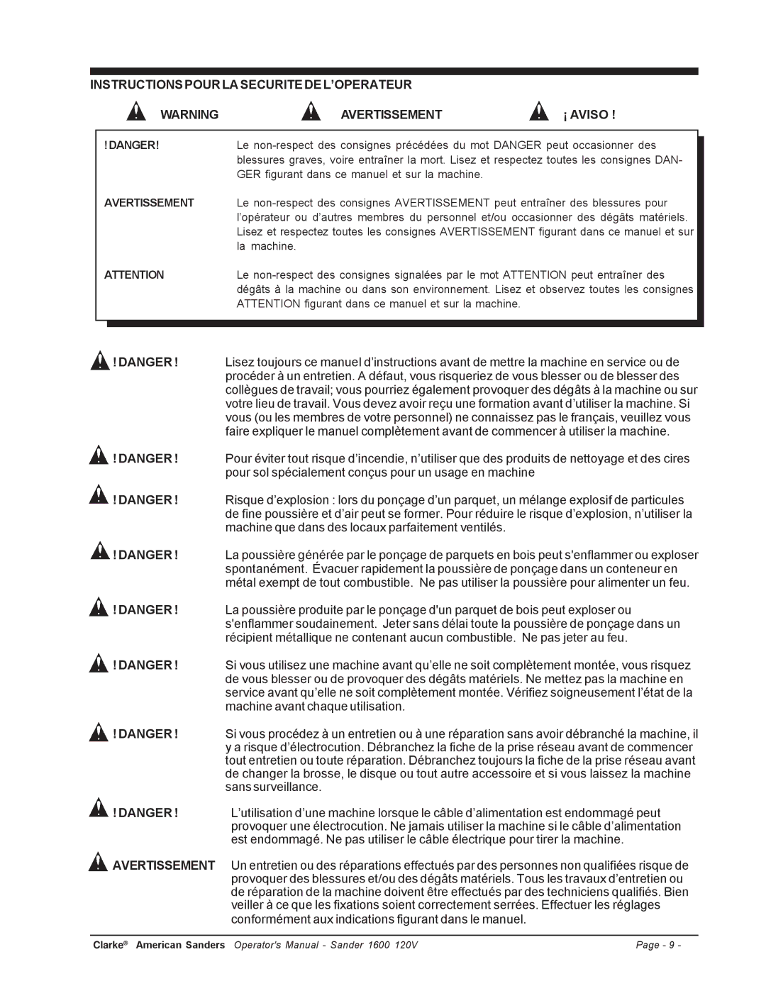 Clarke 1600 manuel dutilisation Avertissement 