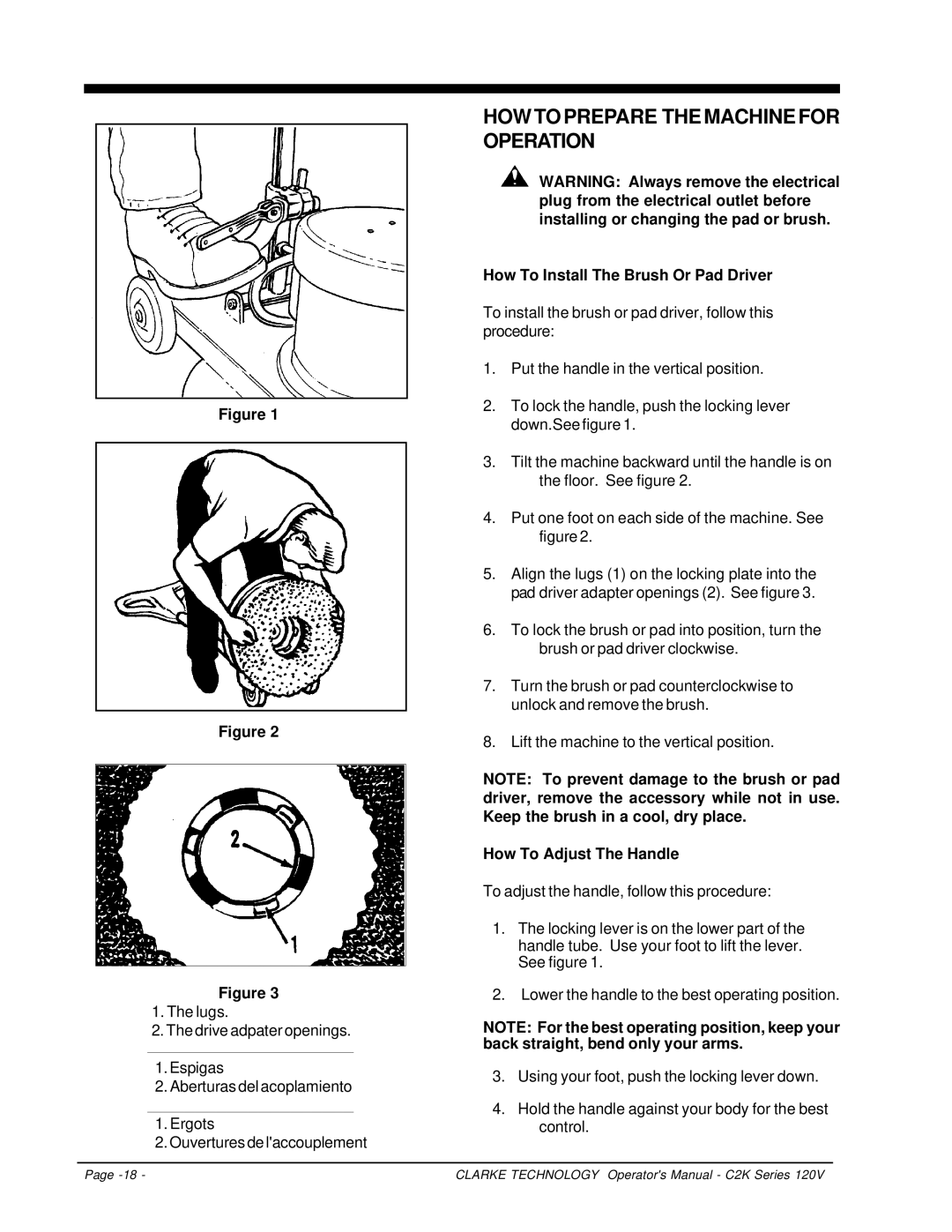 Clarke C2K Series Howtoprepare Themachinefor Operation, How To Install The Brush Or Pad Driver, How To Adjust The Handle 