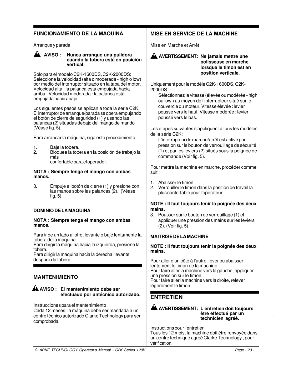 Clarke C2K Series Funcionamiento DE LA Maquina, Mantenimiento, Mise EN Service DE LA Machine, Dominio DE LA Maquina 