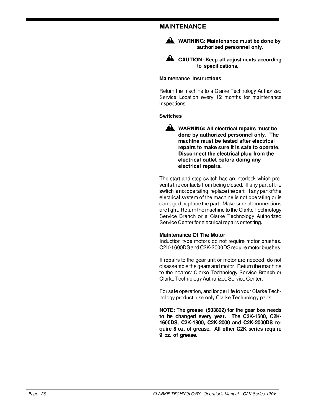 Clarke C2K Series manuel dutilisation Switches, Maintenance Of The Motor 