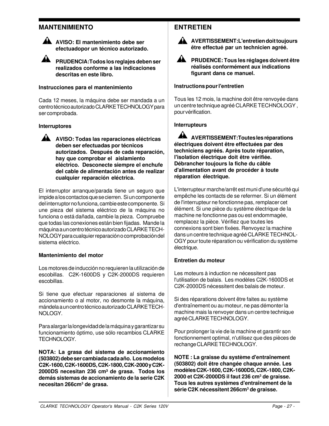 Clarke C2K Series manuel dutilisation Mantenimiento del motor, Entretien du moteur 