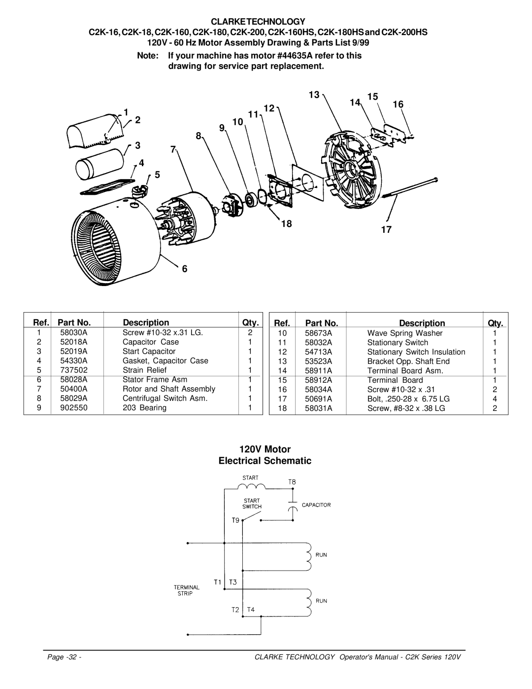 Clarke C2K Series manuel dutilisation 120V Motor Electrical Schematic, Description Qty 