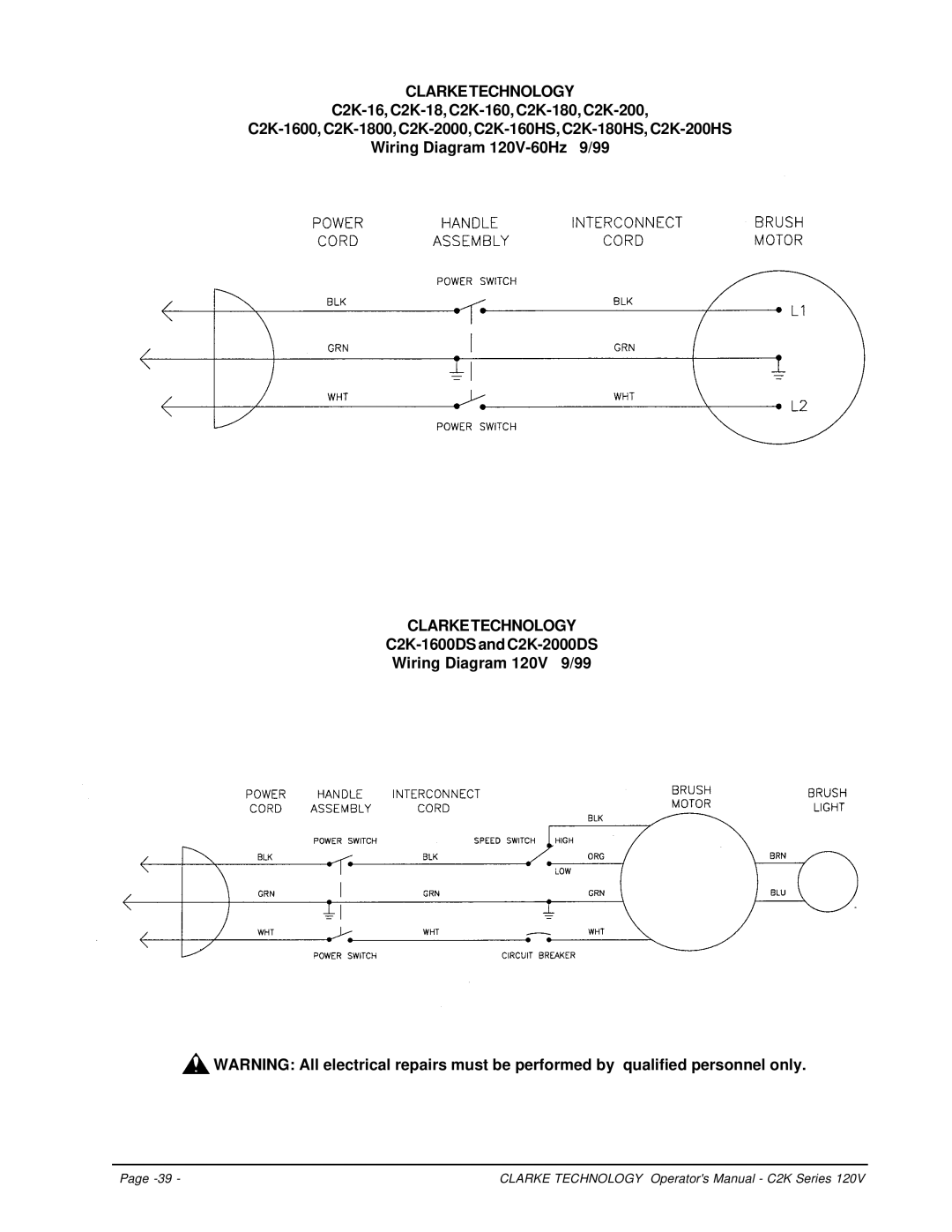 Clarke C2K Series manuel dutilisation C2K-1600DS and C2K-2000DS Wiring Diagram 120V 9/99 