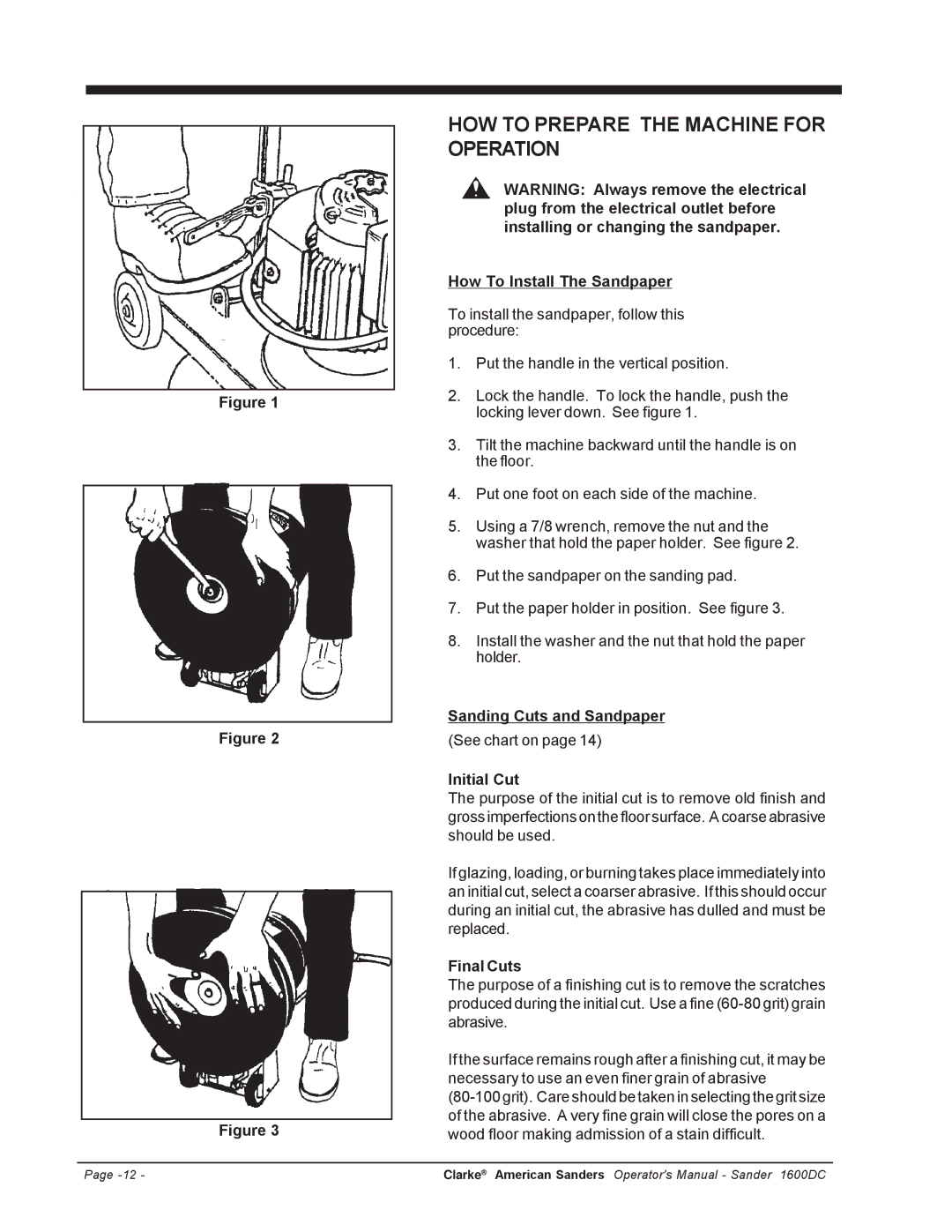 Clarke l 1600DC HOW to Prepare the Machine for Operation, How To Install The Sandpaper, Sanding Cuts and Sandpaper 