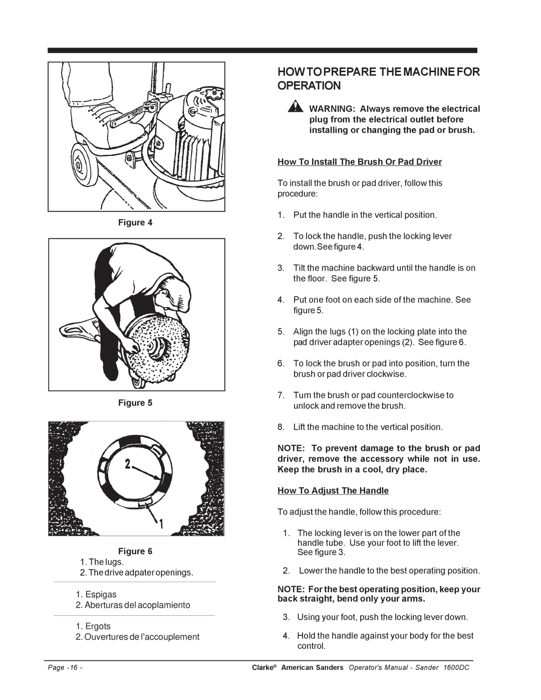 Clarke l 1600DC Howtoprepare Themachinefor Operation, How To Install The Brush Or Pad Driver, How To Adjust The Handle 