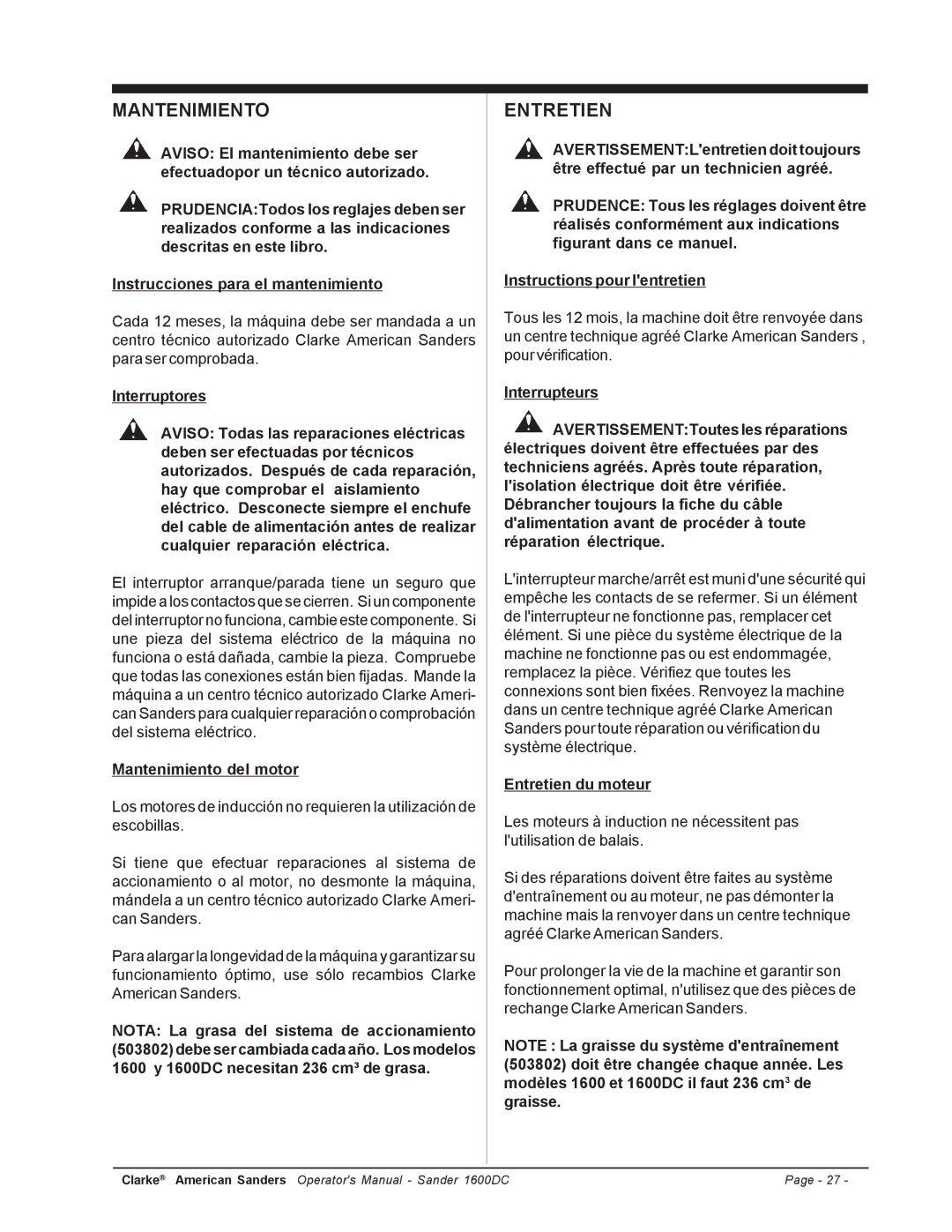 Clarke l 1600DC manuel dutilisation Mantenimiento del motor, Entretien du moteur 