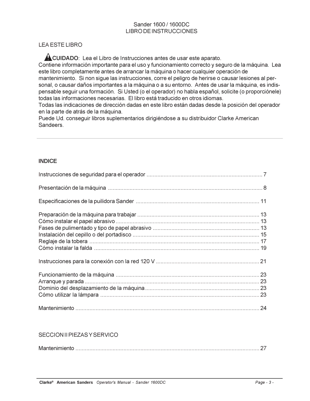 Clarke l 1600DC manuel dutilisation Libro DE Instrucciones LEA Este Libro, Indice 