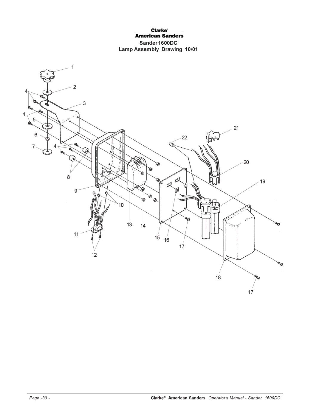 Clarke l 1600DC manuel dutilisation Sander 1600DC, Lamp Assembly Drawing 10/01 