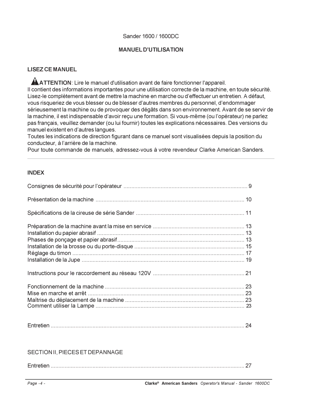 Clarke l 1600DC manuel dutilisation Manuel D’UTILISATION Lisez CE Manuel, Index 