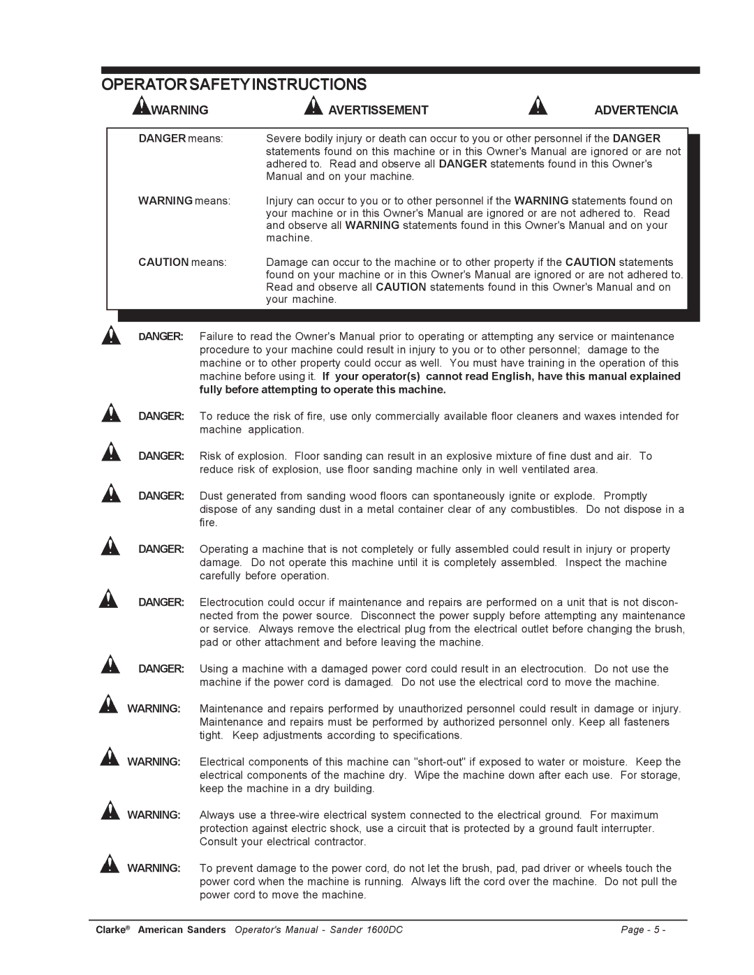 Clarke l 1600DC manuel dutilisation Operatorsafetyinstructions, Avertissement Advertencia 