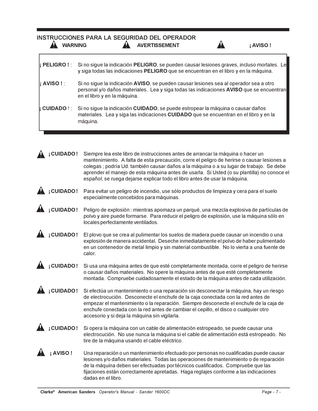 Clarke l 1600DC manuel dutilisation Instrucciones Para LA Seguridad DEL Operador, Avertissement 