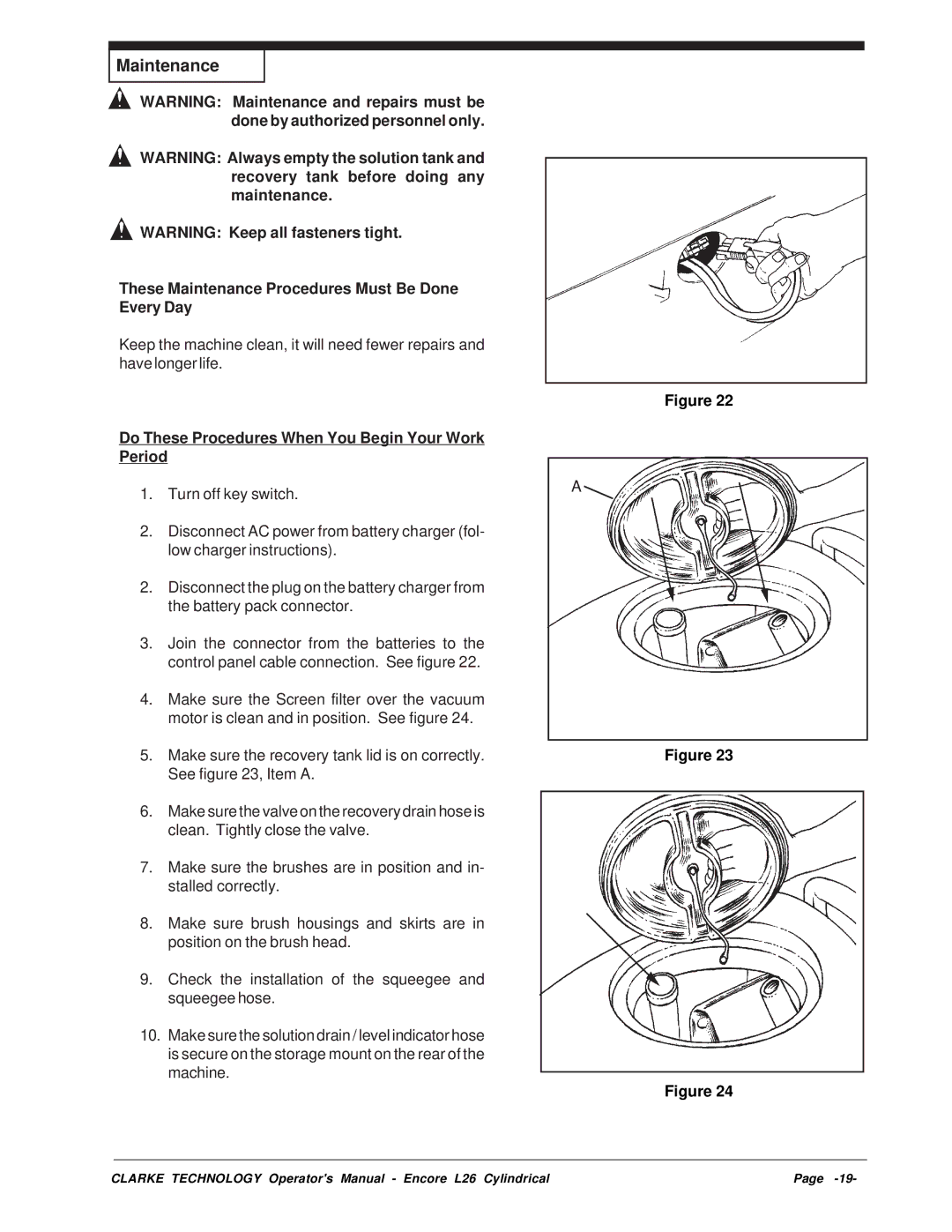 Clarke L26 These Maintenance Procedures Must Be Done Every Day, Do These Procedures When You Begin Your Work Period 