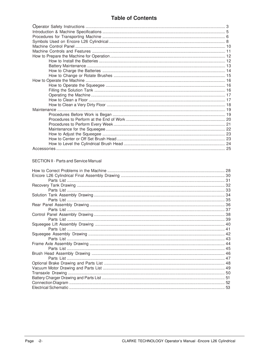 Clarke L26 manual Table of Contents 