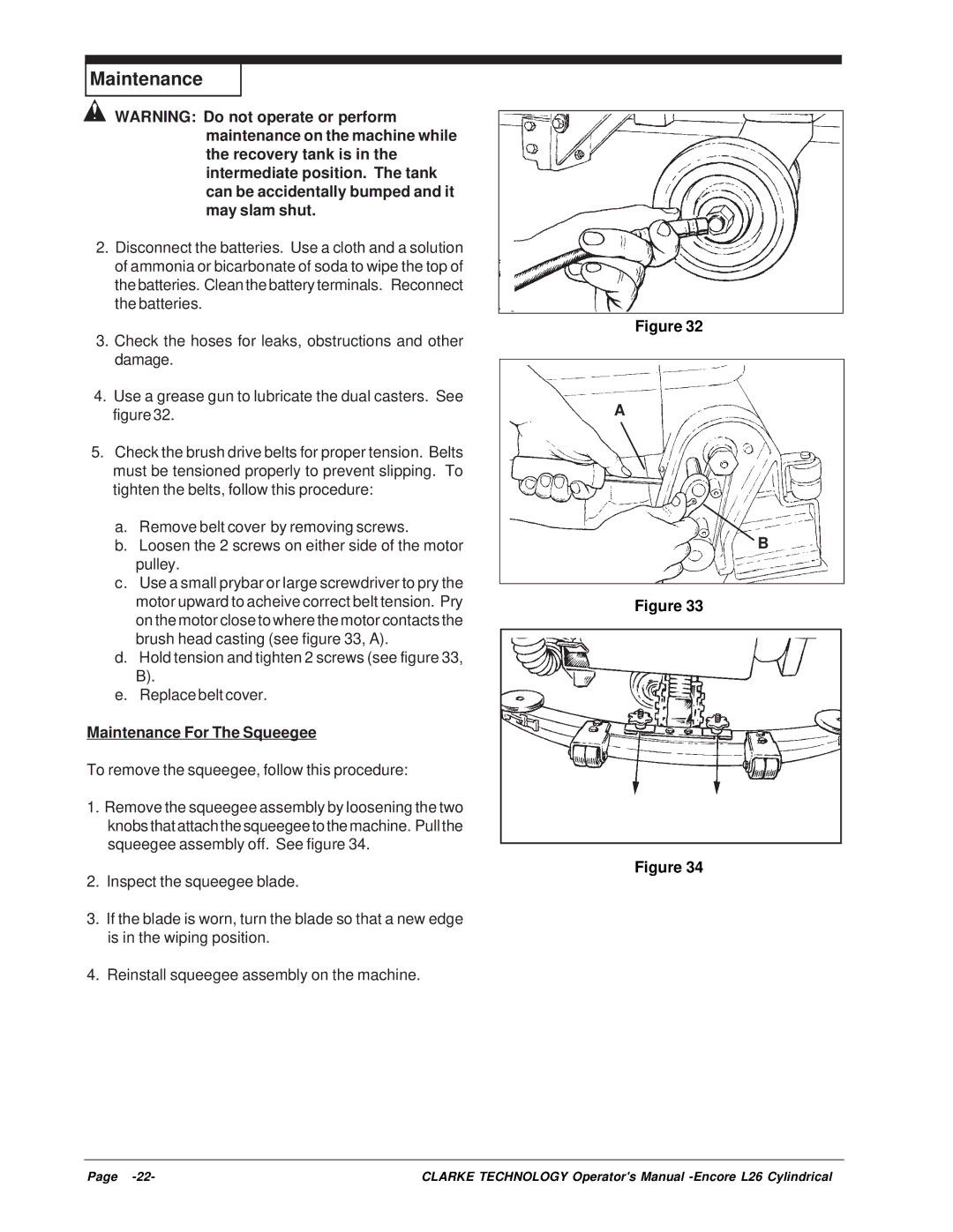 Clarke L26 manual Maintenance For The Squeegee 