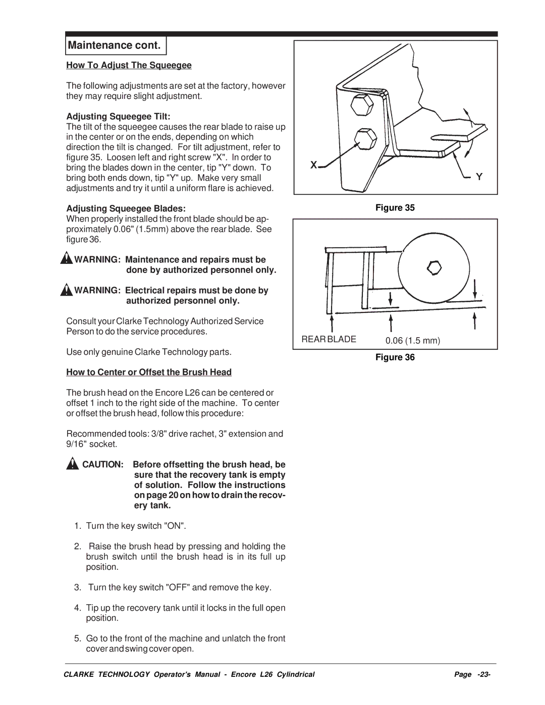 Clarke L26 manual How To Adjust The Squeegee, Adjusting Squeegee Tilt, Adjusting Squeegee Blades 