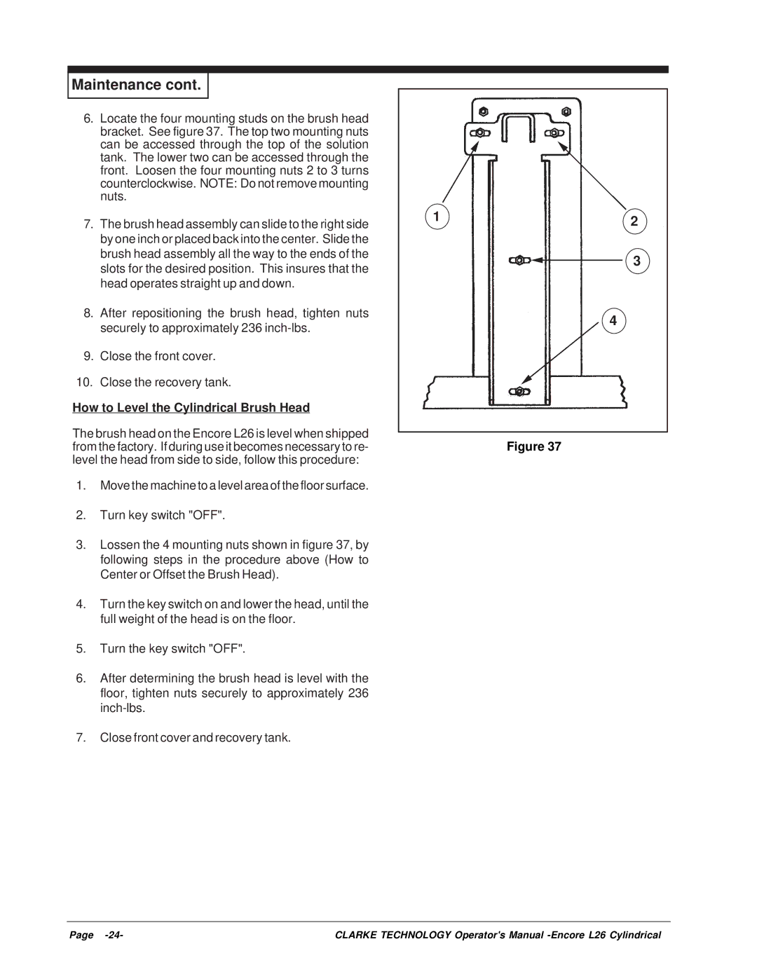 Clarke L26 manual How to Level the Cylindrical Brush Head 