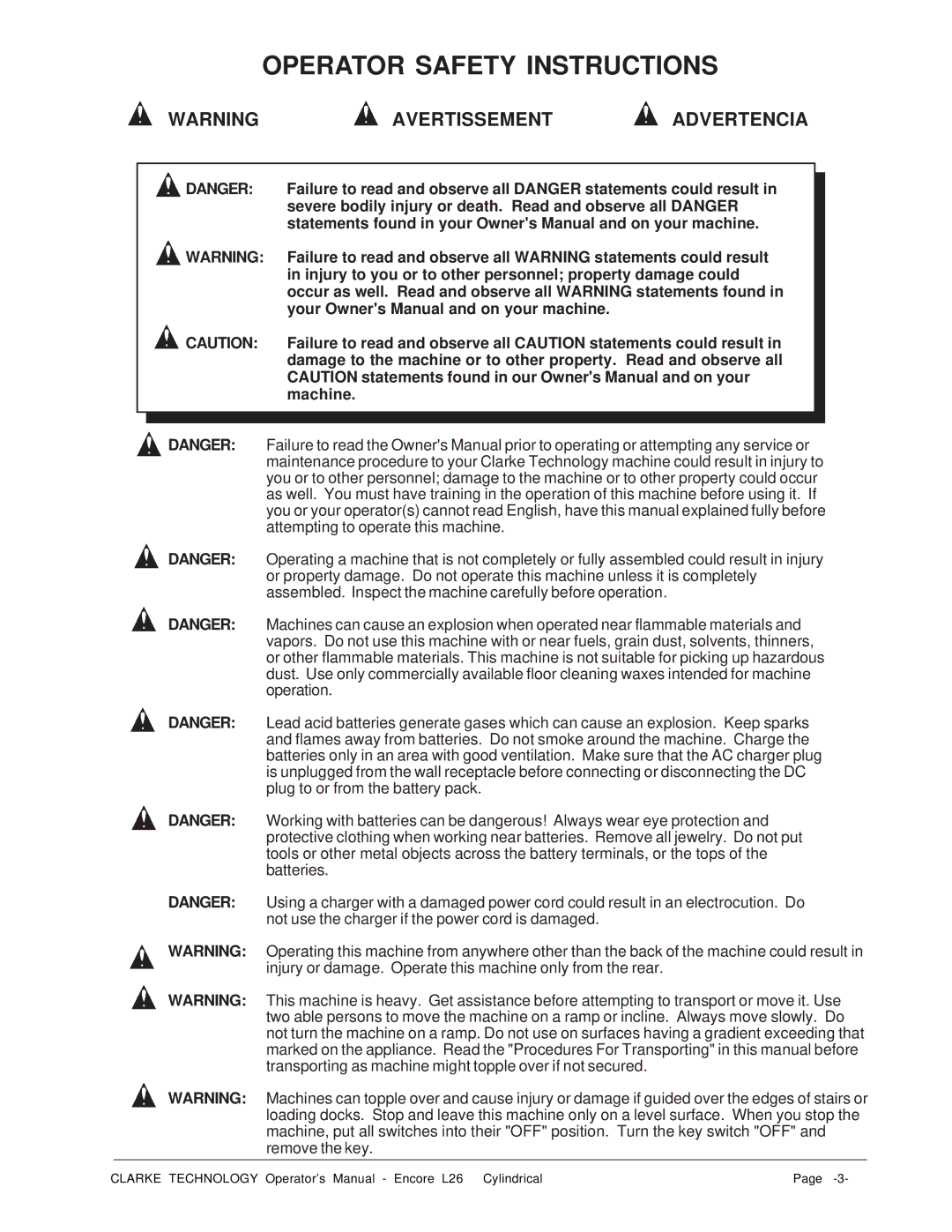 Clarke L26 manual Avertissement Advertencia, Severe bodily injury or death. Read and observe all Danger 