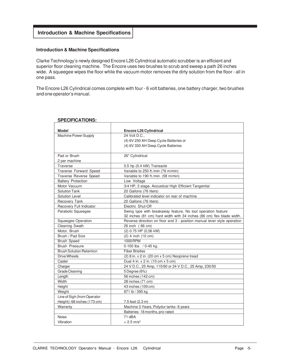 Clarke L26 manual Introduction & Machine Specifications 