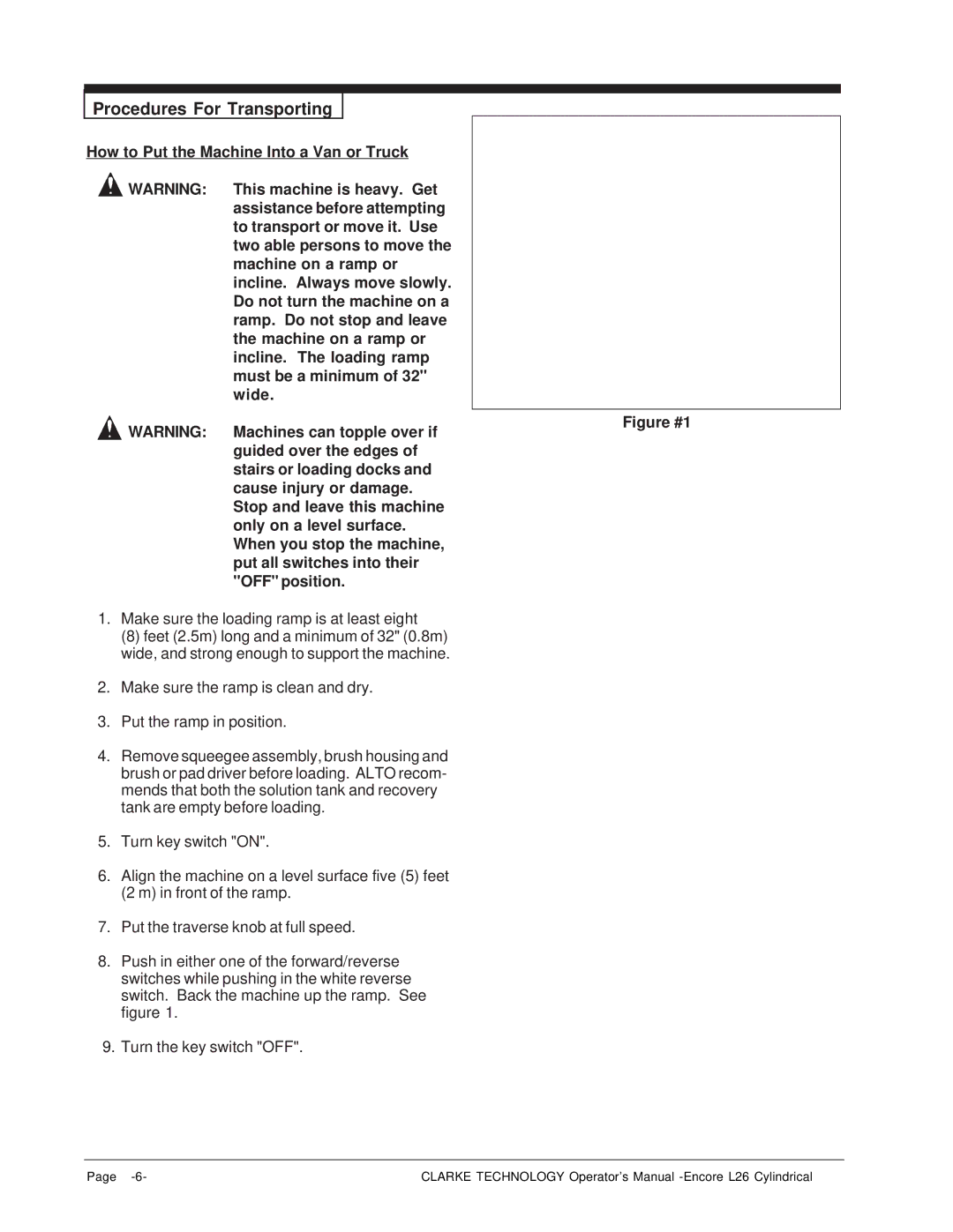 Clarke L26 manual Procedures For Transporting, Figure #1 