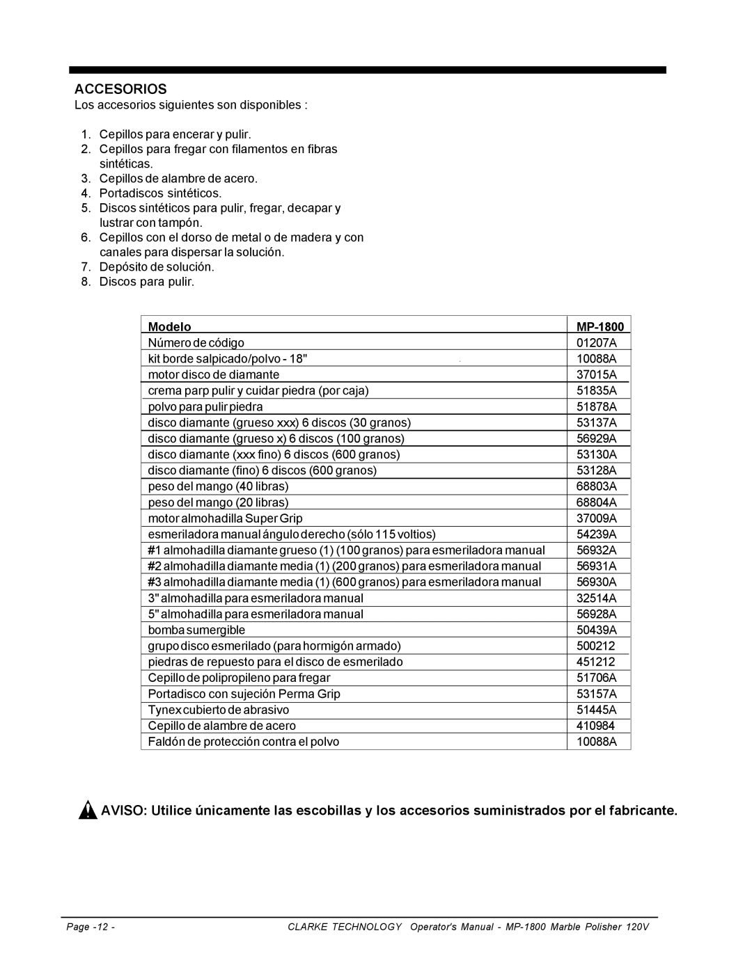 Clarke manuel dutilisation Accesorios, Modelo MP-1800 