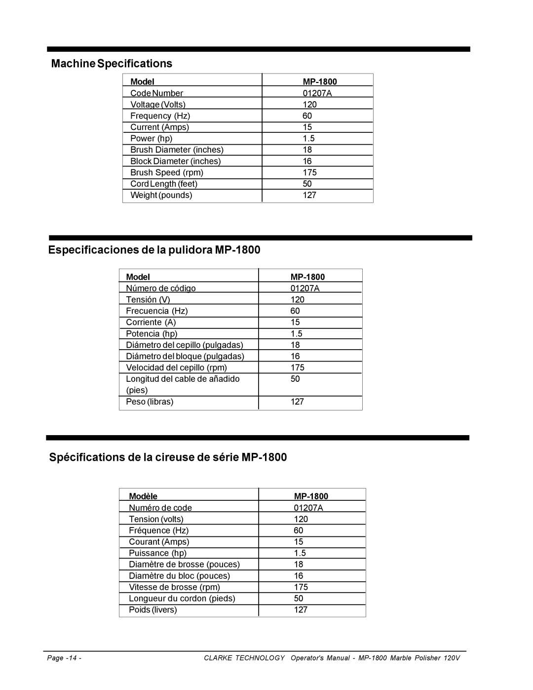 Clarke MP-1800 manuel dutilisation Machine Specifications 