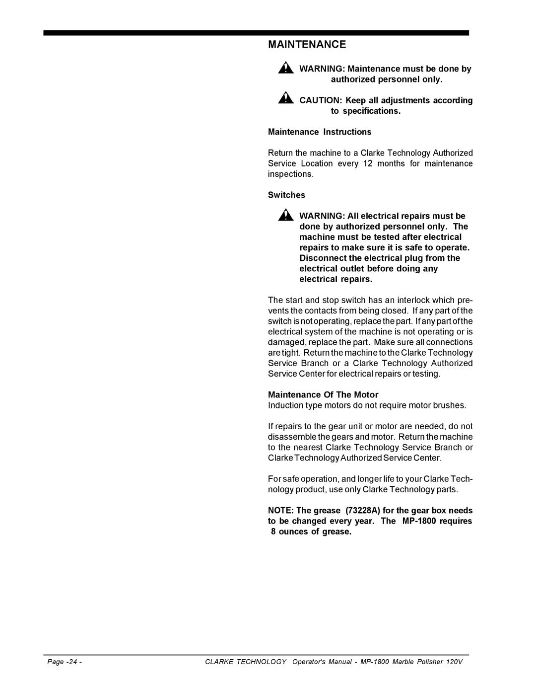 Clarke MP-1800 manuel dutilisation Switches, Maintenance Of The Motor 