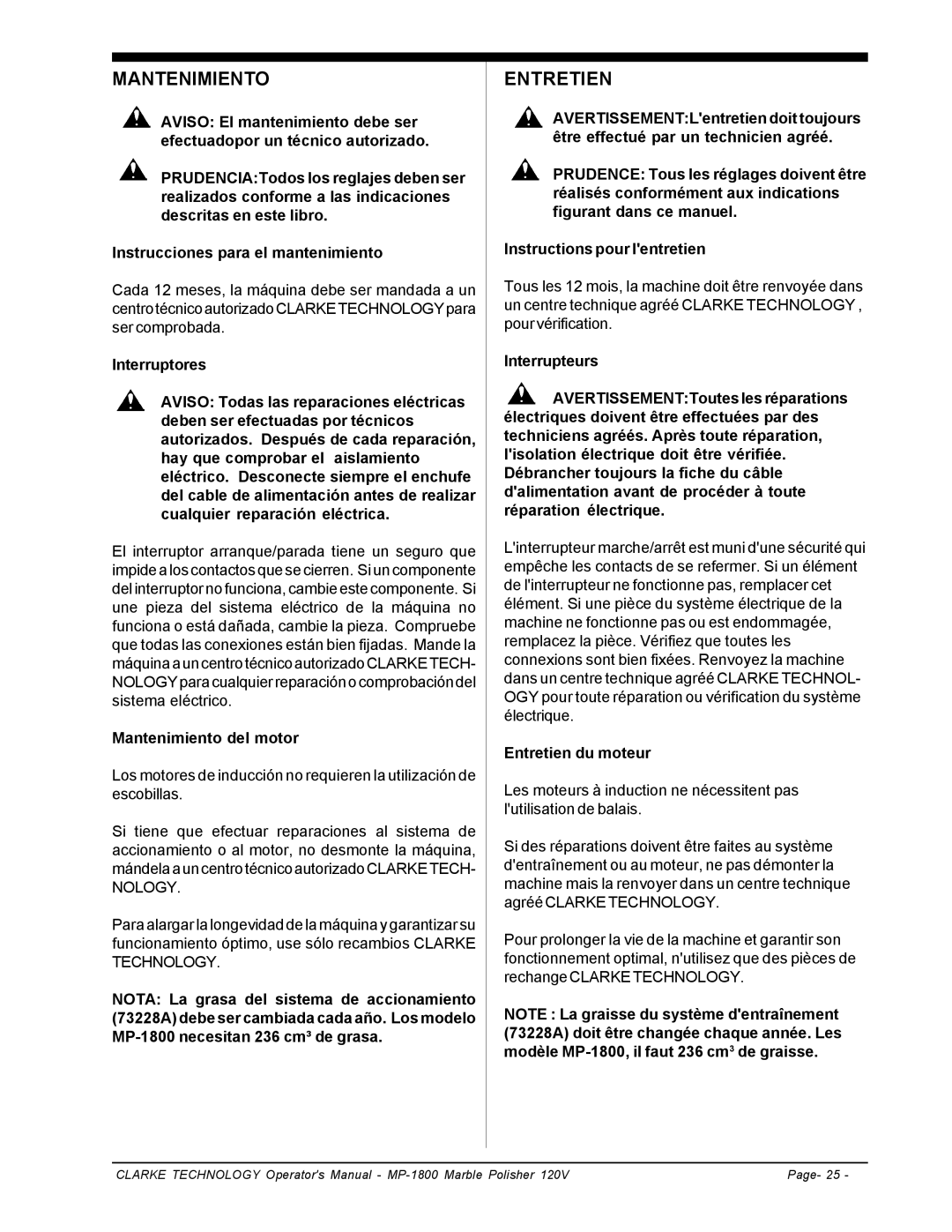 Clarke MP-1800 manuel dutilisation Mantenimiento del motor, Entretien du moteur 