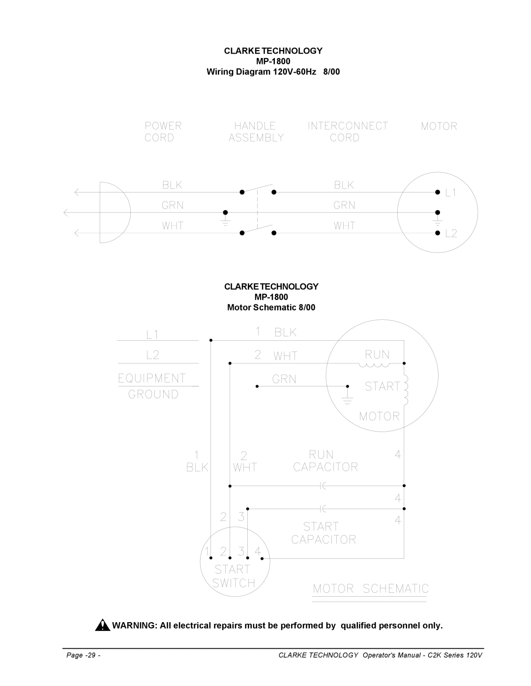 Clarke manuel dutilisation MP-1800 Wiring Diagram 120V-60Hz 8/00, Clarketechnology, MP-1800 Motor Schematic 8/00 