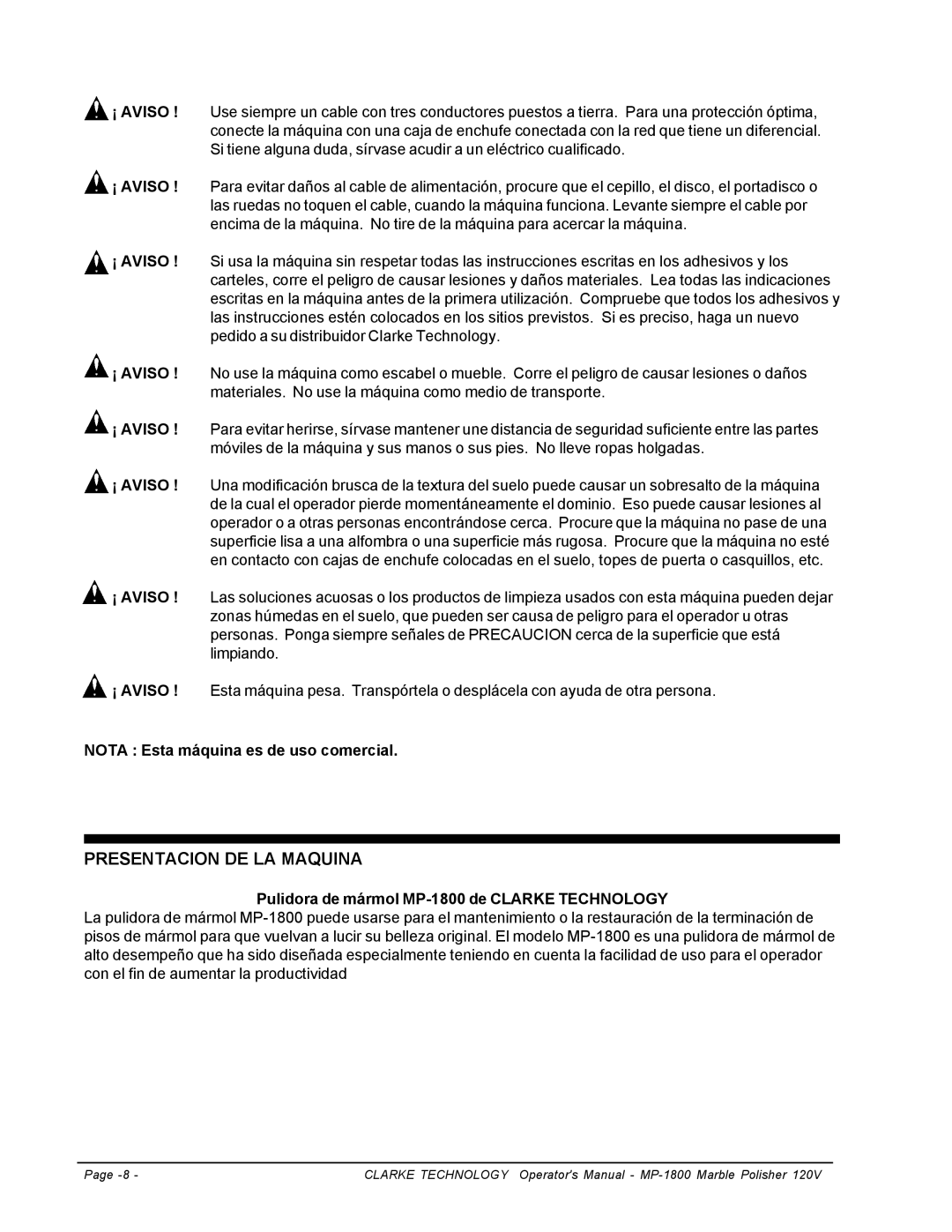 Clarke MP-1800 manuel dutilisation Presentacion DE LA Maquina, Nota Esta máquina es de uso comercial 