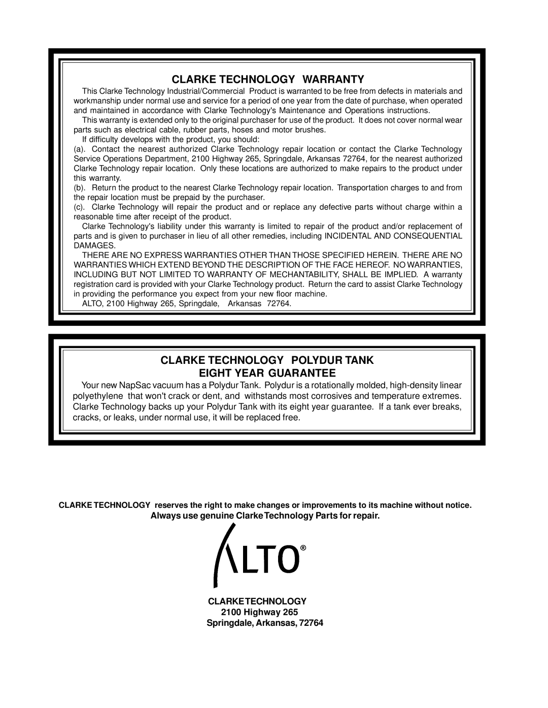 Clarke NapSac Clarke Technology Warranty, Clarke Technology Polydur Tank Eight Year Guarantee, Clarketechnology 