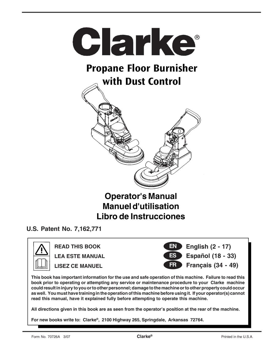 Clarke Propane Floor Burnisher manuel dutilisation Patent No ,162,771, English 2, Español 18, Clarke 