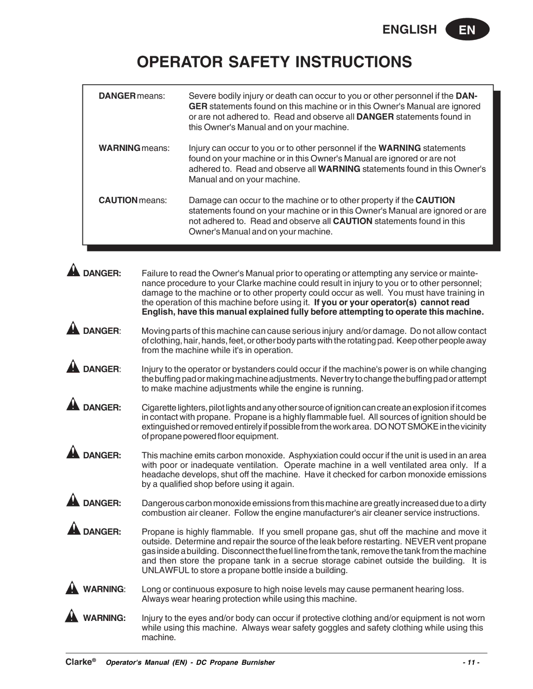 Clarke Propane Floor Burnisher manuel dutilisation Operator Safety Instructions 