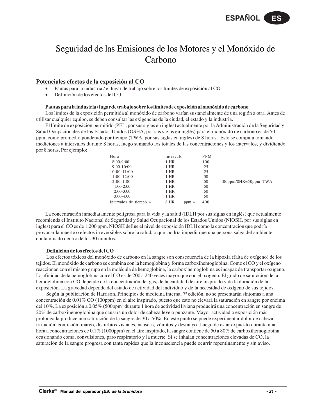 Clarke Propane Floor Burnisher manuel dutilisation Potenciales efectos de la exposición al CO 