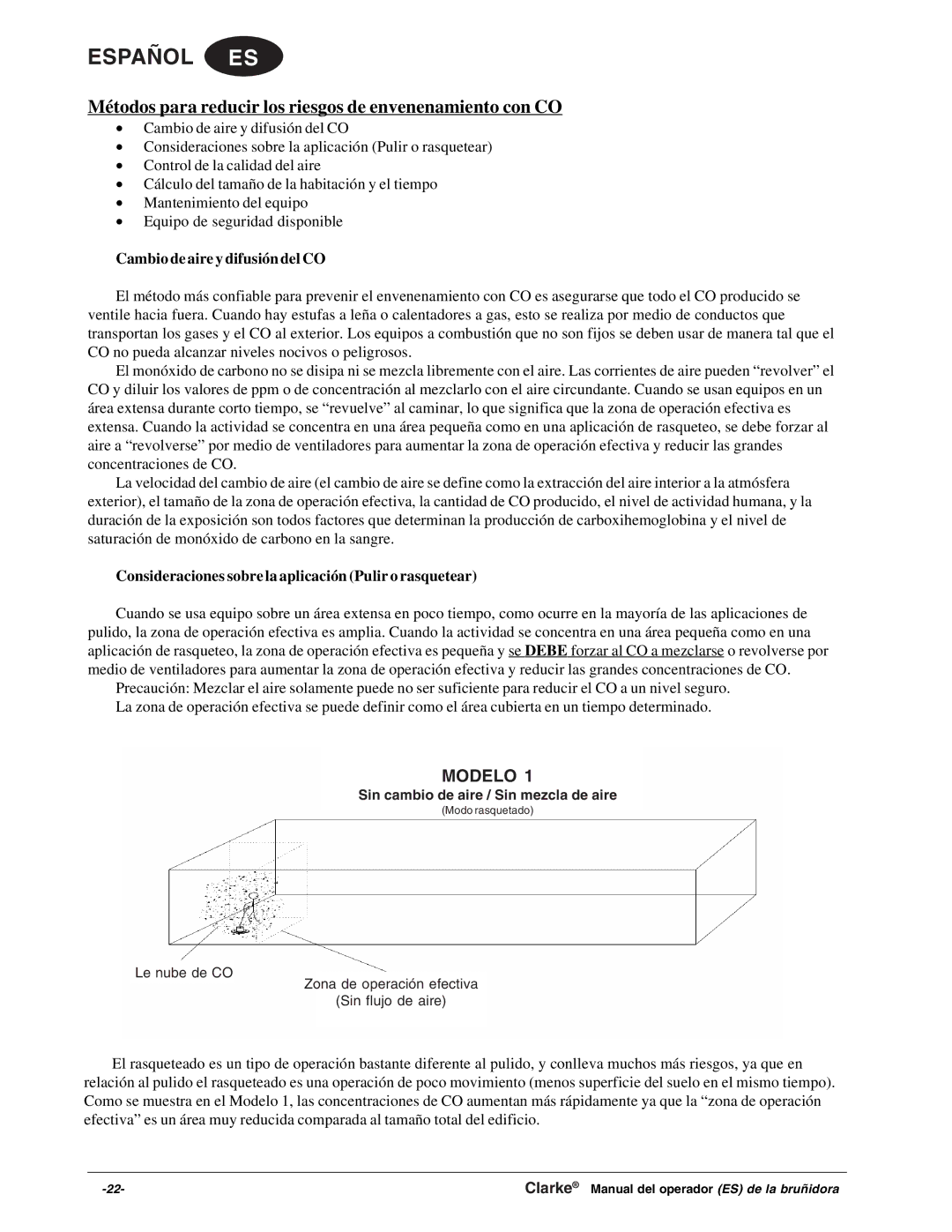 Clarke Propane Floor Burnisher Cambio de aire y difusión del CO, Sin cambio de aire / Sin mezcla de aire 