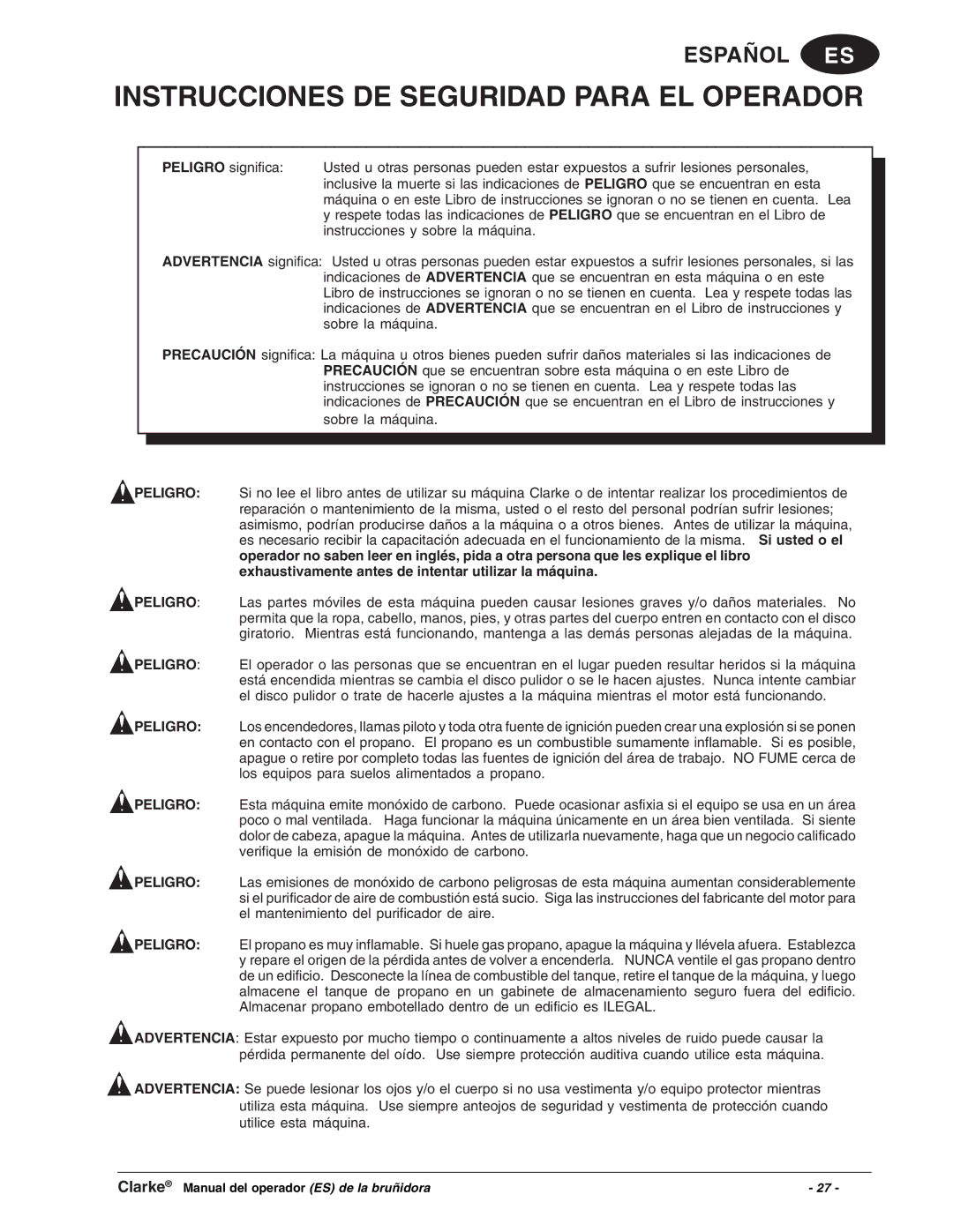 Clarke Propane Floor Burnisher manuel dutilisation Instrucciones DE Seguridad Para EL Operador 