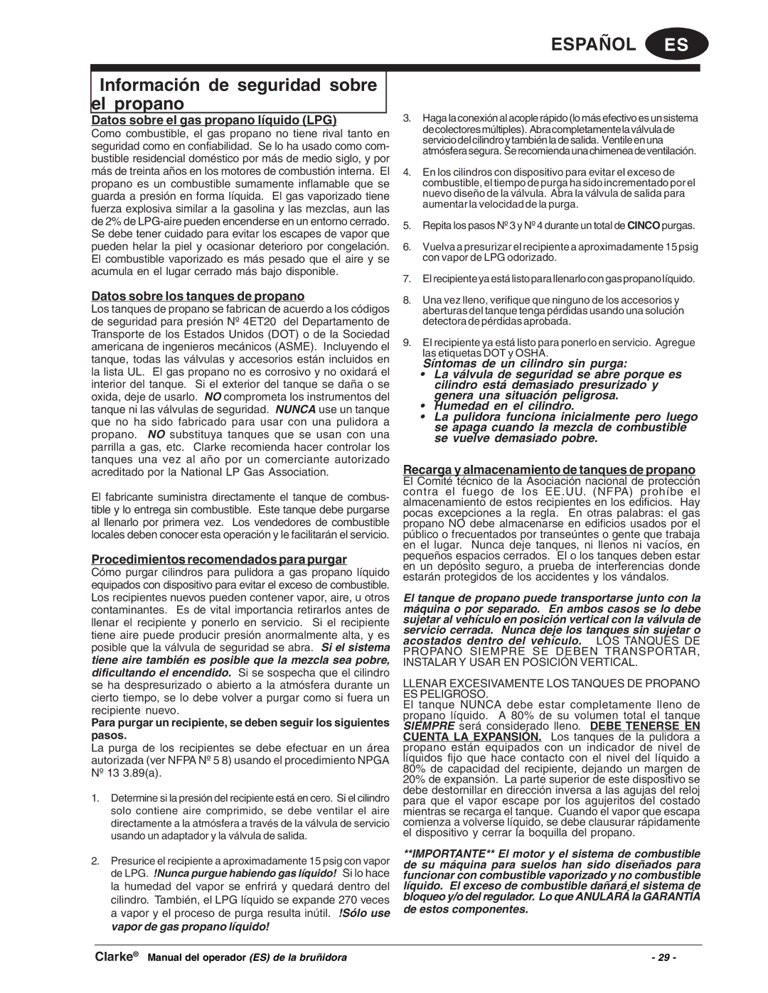 Clarke Propane Floor Burnisher Información de seguridad sobre el propano, Datos sobre el gas propano líquido LPG 