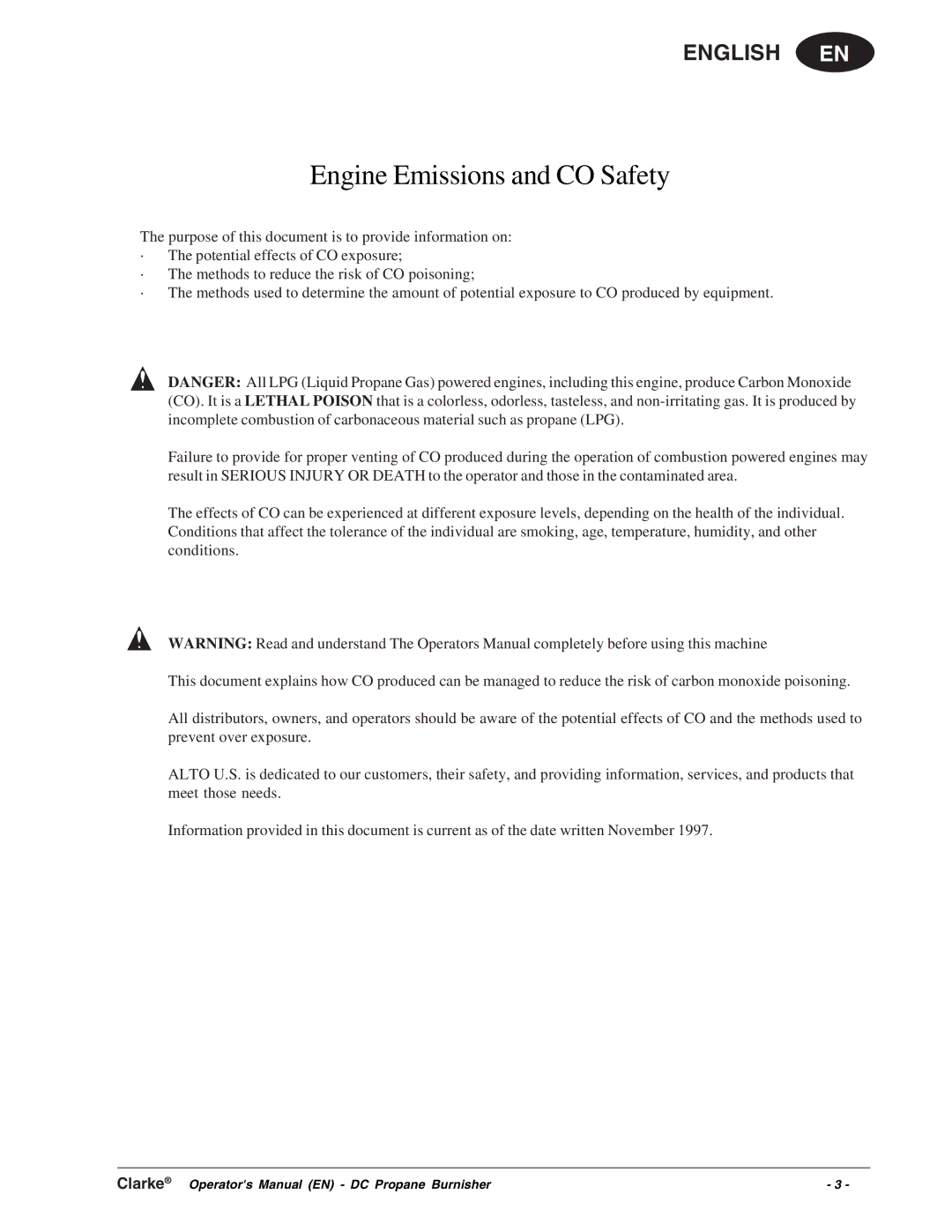 Clarke Propane Floor Burnisher manuel dutilisation Engine Emissions and CO Safety 