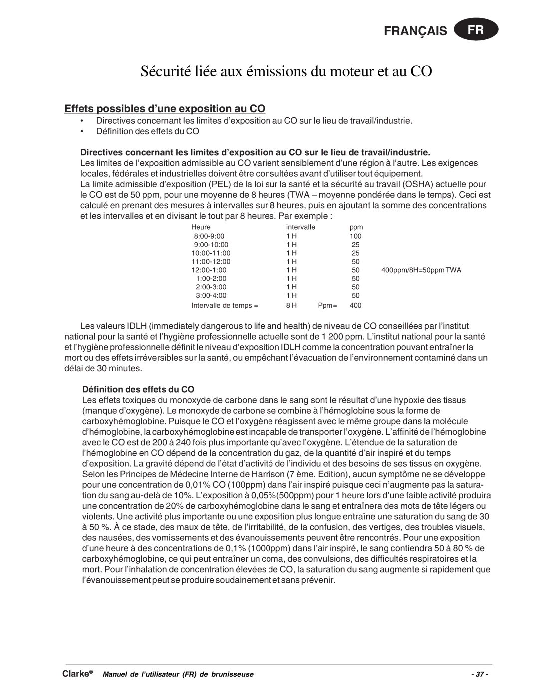 Clarke Propane Floor Burnisher manuel dutilisation Effets possibles d’une exposition au CO, Définition des effets du CO 