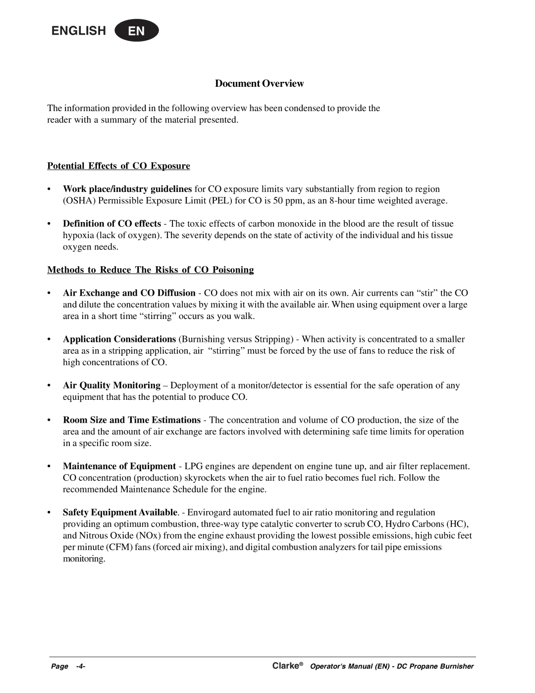 Clarke Propane Floor Burnisher manuel dutilisation Document Overview 