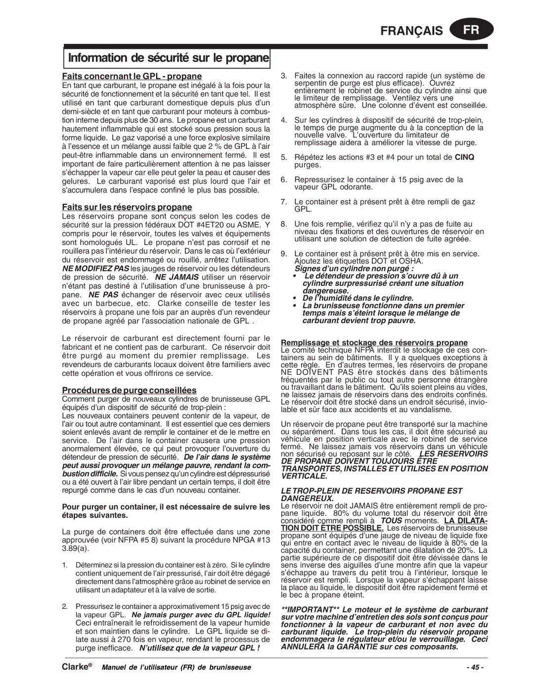 Clarke Propane Floor Burnisher manuel dutilisation Information de sécurité sur le propane, Faits concernant le GPL propane 