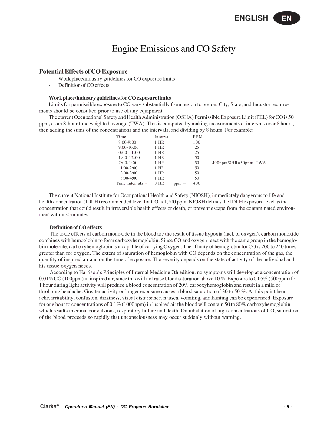 Clarke Propane Floor Burnisher manuel dutilisation Potential Effects of CO Exposure 