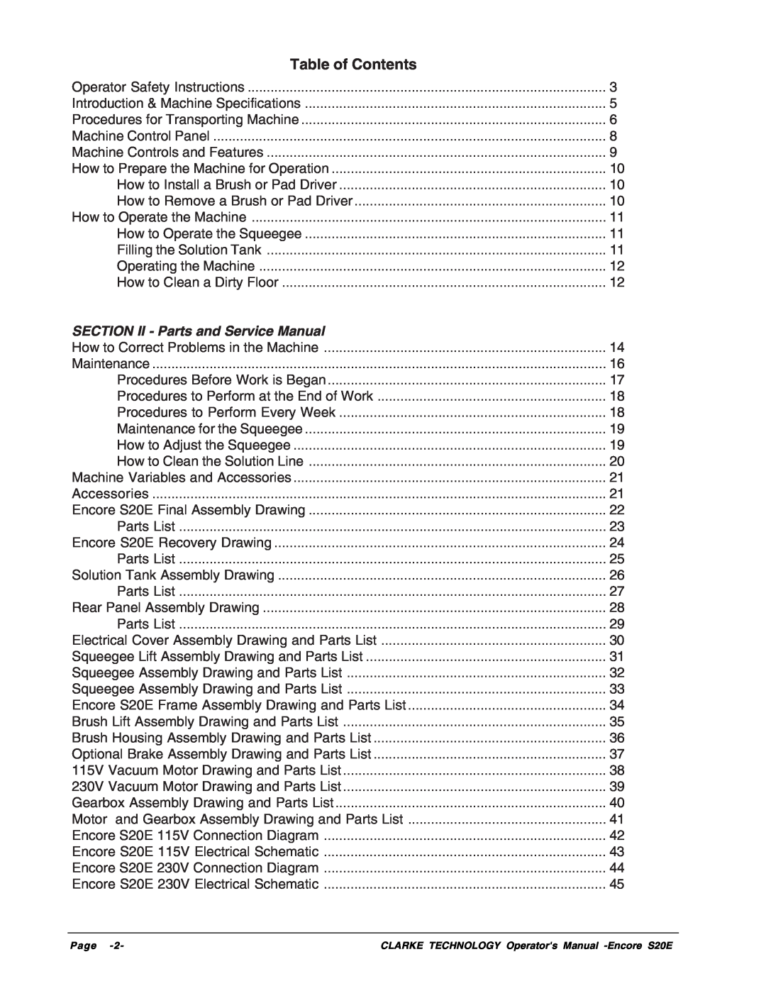 Clarke S20E manual Table of Contents, SECTION II - Parts and Service Manual 