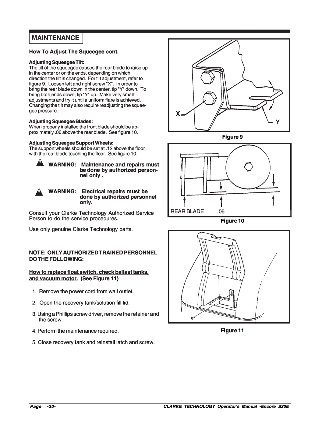 Clarke S20E manual Maintenance, How To Adjust The Squeegee cont, Figure Figure 