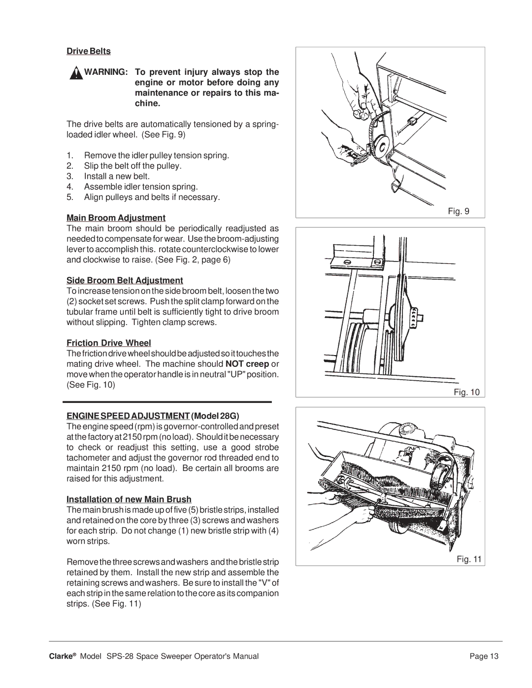 Clarke SPS-28 manual Drive Belts, Main Broom Adjustment, Side Broom Belt Adjustment, Friction Drive Wheel 