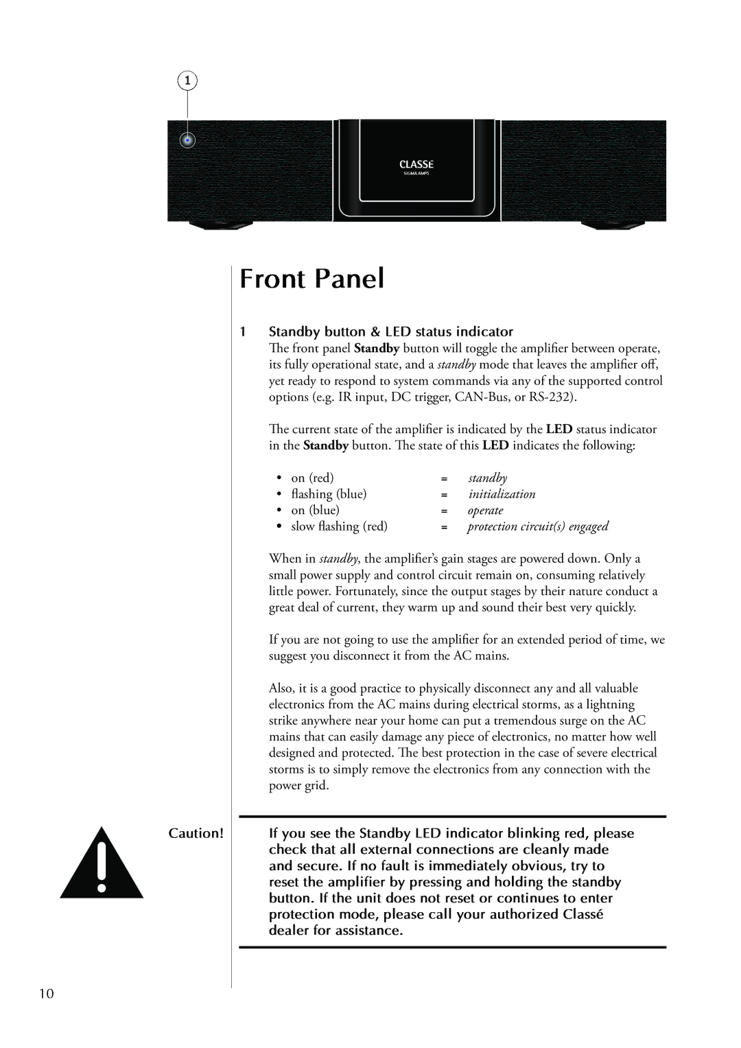 Classe Audio AMP5 owner manual Front Panel, Standby button & LED status indicator, On red, Flashing blue, On blue 