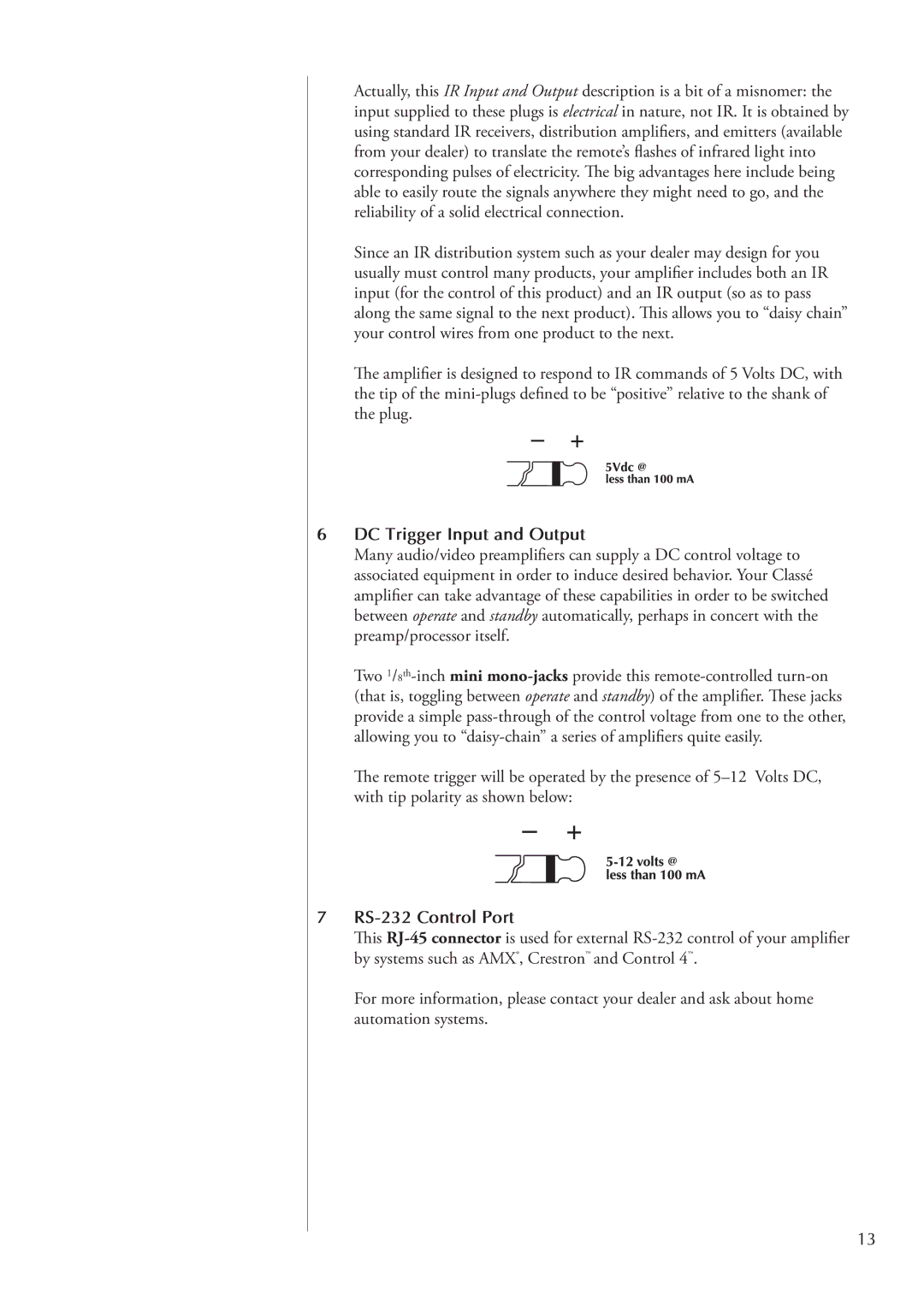 Classe Audio AMP5 owner manual DC Trigger Input and Output, RS-232 Control Port 