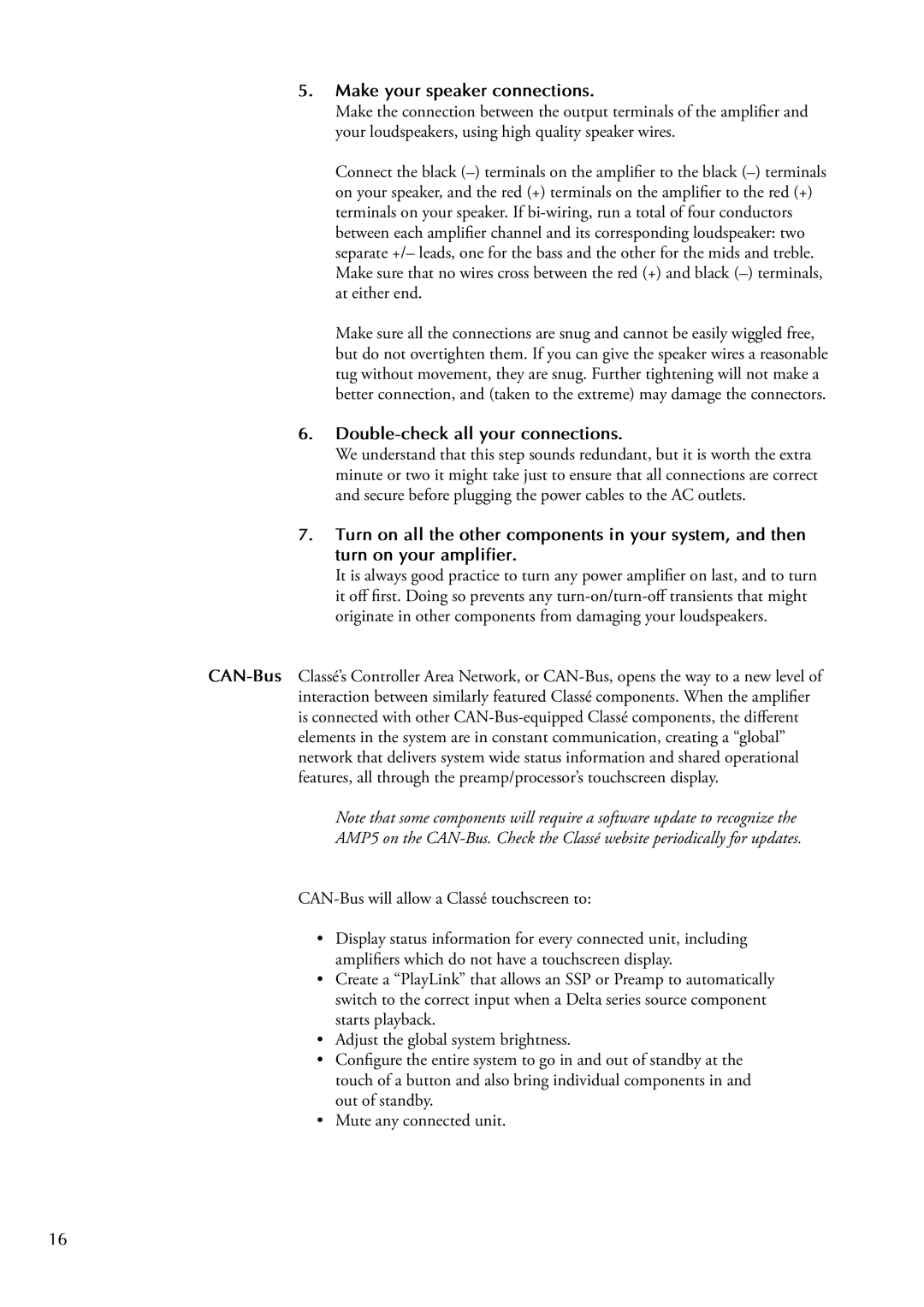 Classe Audio AMP5 CAN-Bus, Make your speaker connections, Double-check all your connections, Mute any connected unit 