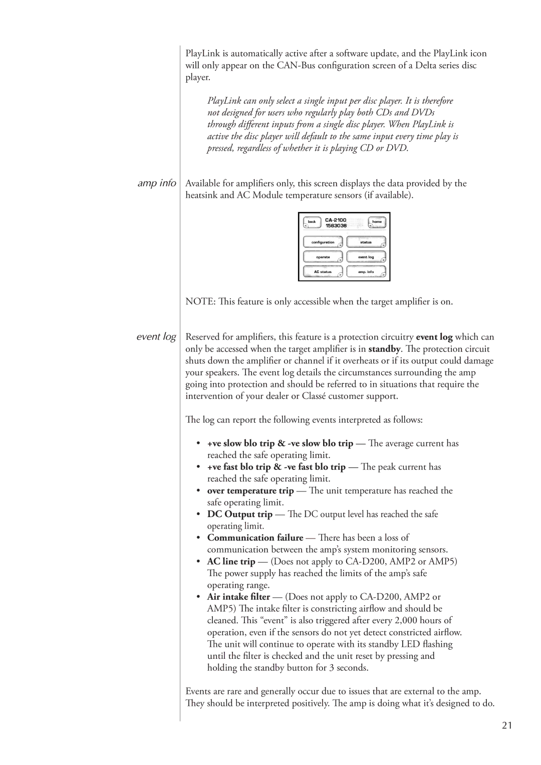 Classe Audio AMP5 owner manual Amp info Event log 