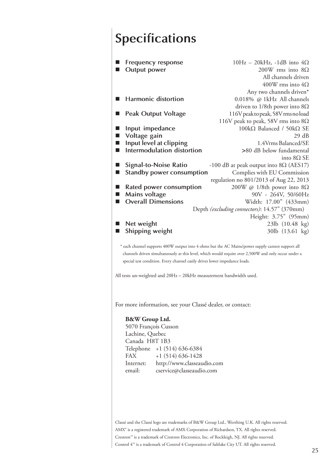 Classe Audio AMP5 owner manual Specifications 