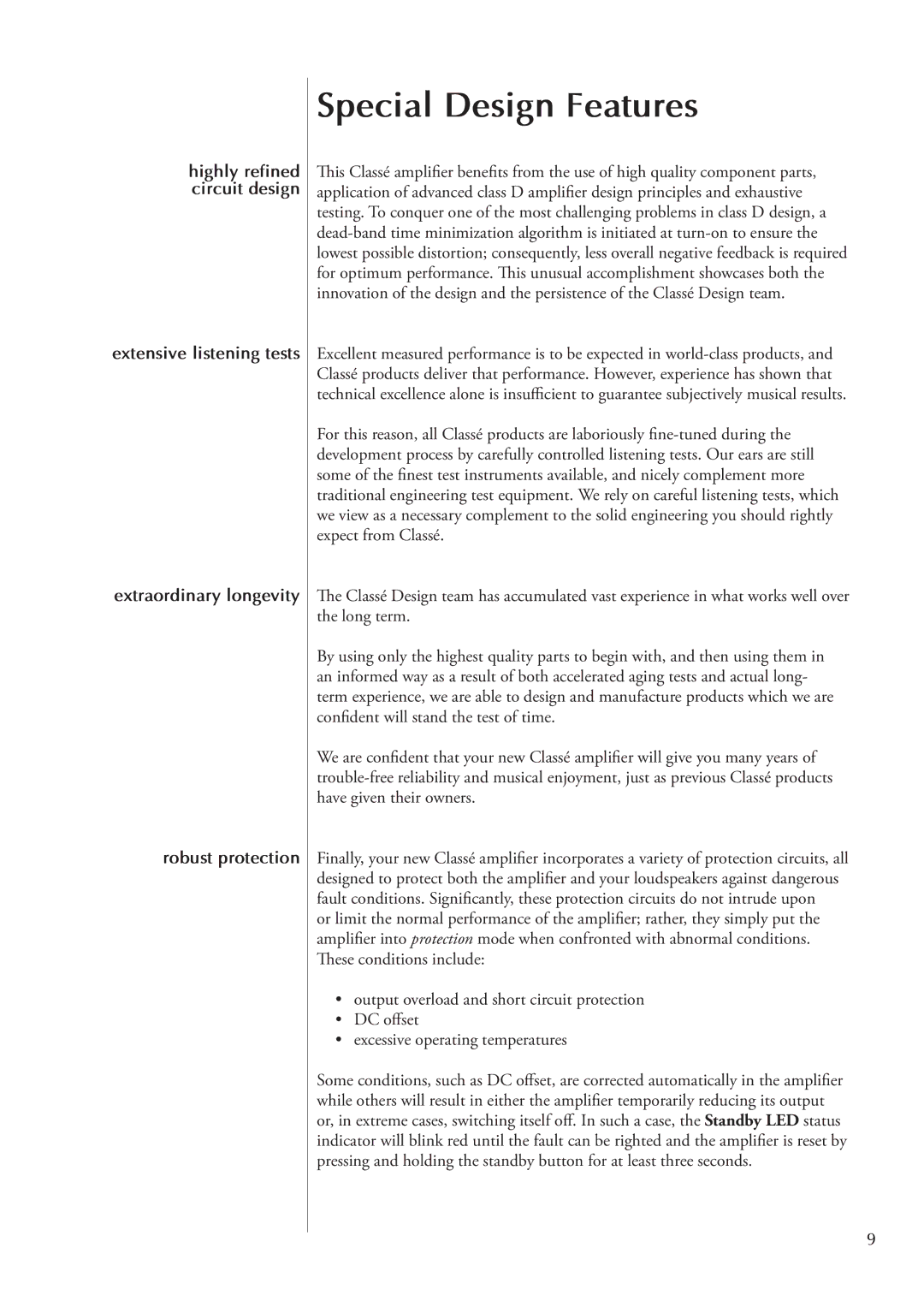 Classe Audio AMP5 owner manual Special Design Features 